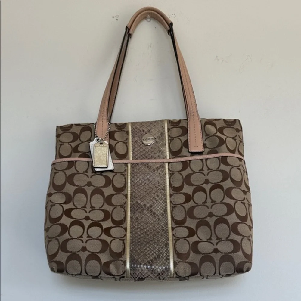 Coach Brown and Tan Signature Tote with Pink Accents